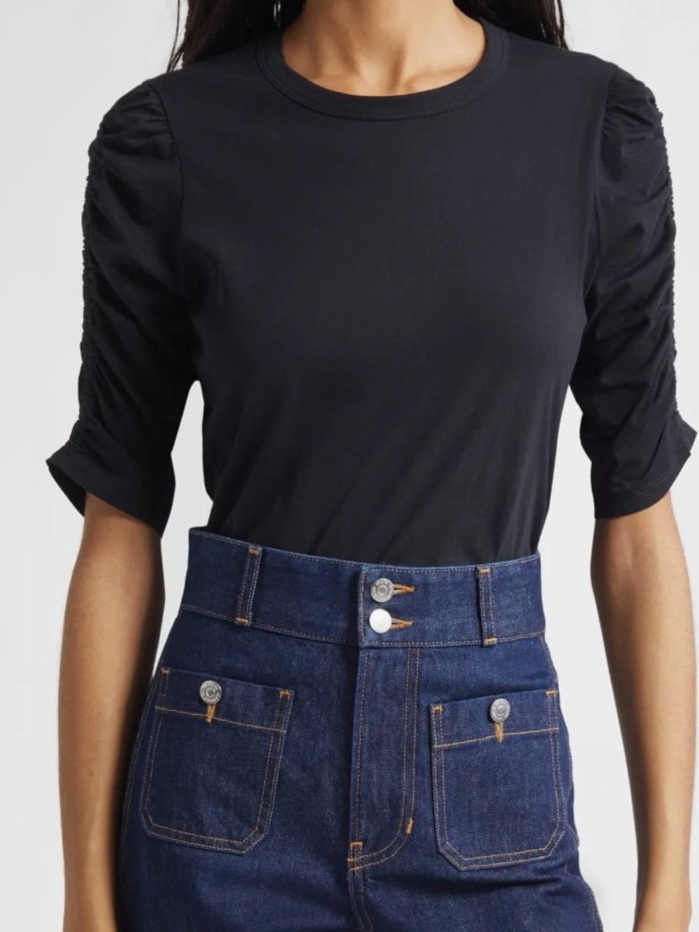 Veronica Beard Waldorf Ruched Sleeve T-Shirt Black S Quiet Luxury Pima Cotton